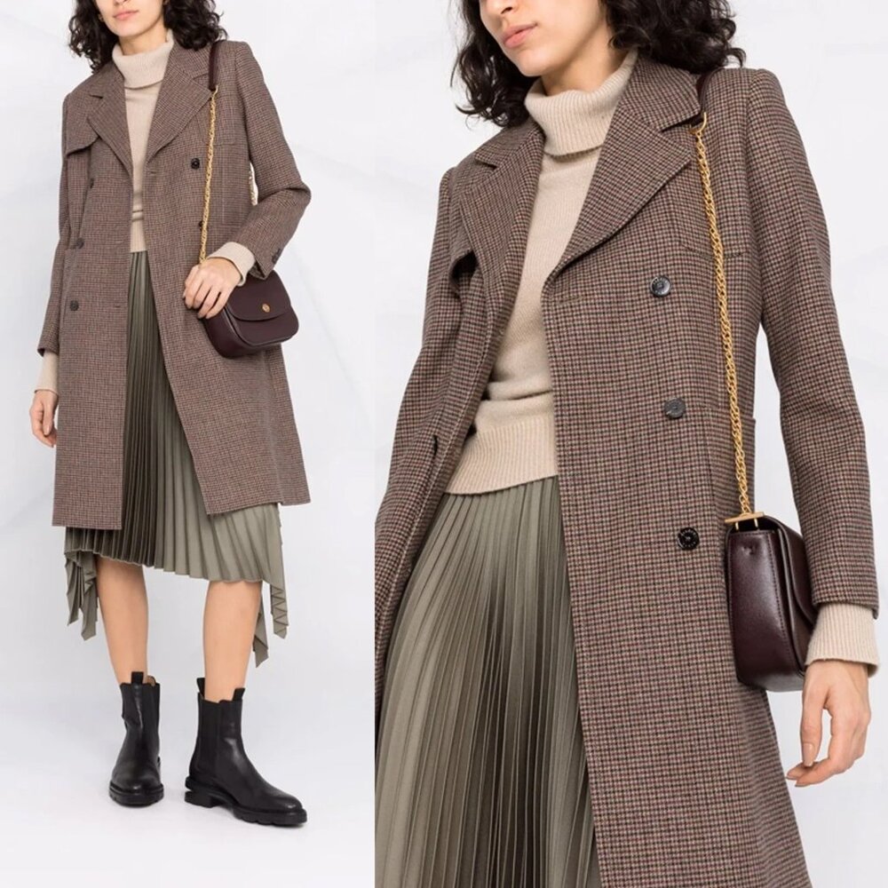 SANDRO Manteau Wool Blend Long Double-Breasted Checked Coat - NWT - Size 34 (XS)